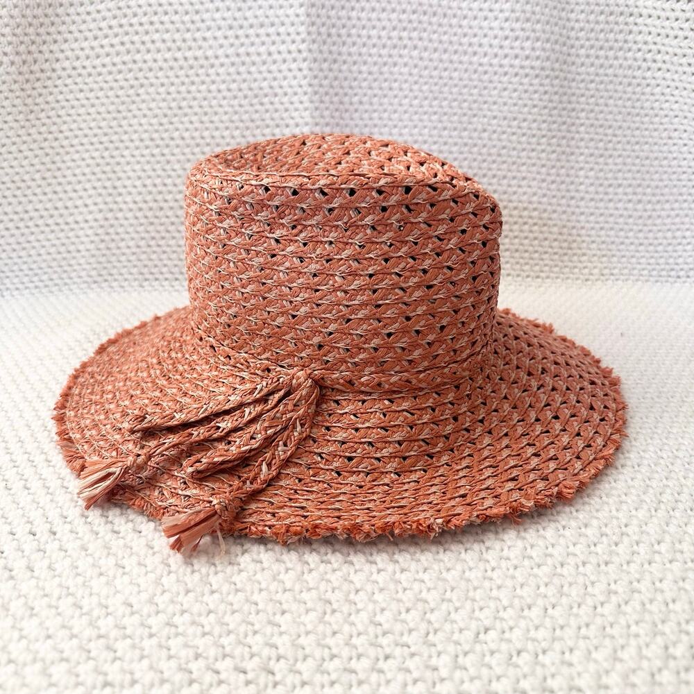 Eric Javits Terracotta Pink Beige Ellie Straw Summer Raffia Packable Hat OS